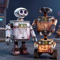 An 80s style movie about robots with Johnny 5 from short circuit and a wall-e, unreal 5, DAZ, hyperrealistic, octane render, dynamic lighting