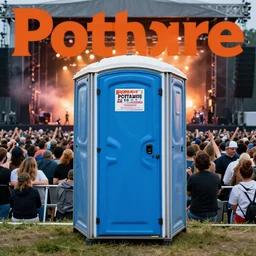 a full sized portable porta potty at the front of the crowd at a rockshow. magazine cover