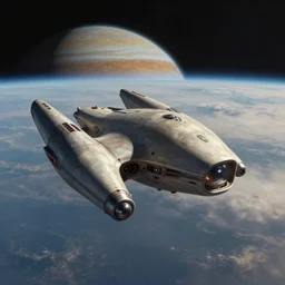 a beautiful matte painting, sci - fi concept art of greebled alien space craft with two nacelles hovering over jupiter cloud deck in orbit, trending on artstation, featured on cgsociety