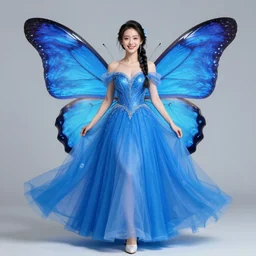 a full body portrait of a butterfly princess wearing electric - blue dress, joyfully wearing butterfly braid, fairy bride, golden hour, sunset, wearing white tennis, fairy goddess, symmetrical face, highly detailed clothing, octane render, unreal engine, trending on artstation.