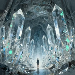under ground crystal cave system, giant shards infinitely regressing, liquid silver, light blues and sea green, geometric shapes, large colums and clusters of crystal, a human exploring, epic landscape, highly detailed, high quality, 8 k, 4 k, octane render, digital painting, alena aenami, lilia alvarado, shinji aramaki, karol bak, alphonse mucha, tom bagshaw