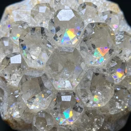 pattern of joined hexagonal clear quartz crystals, with a high refractive index, through which is clearly visible the beatific richly multicoloured lights of paradise, exquisitely clear and hyper realistically sharp,