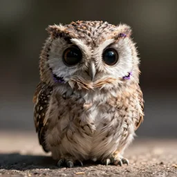 a render of a tiny fluffy owl with empty eye sockets and small purple trim feathers, photorealistic