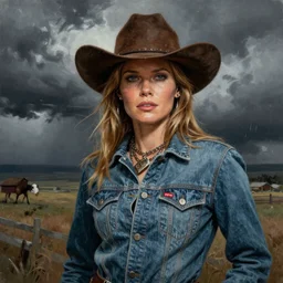 ultra realistic portrait painting of amy adams as an android cowgirl, art by frank frazetta, vintage levi ’ s ad, stormy weather, dark vibes, 4 k, ultra realistic, highly detailed, epic lighting