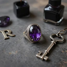 still life, letters, inks, vintage, antique, 1 7 th century large male ring with amethyst cabochon, silver, key, dark academia, photorealistic, soft lighting, cinematic, detailed