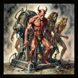 watercolor devils horripilation machine by richard corben, boris vallejo, bernie wrightson, ian miller, boris vallejo, & albrecht durer, fine art masterpiece baked at 3 0 0 f, matte painting, backlit dystopian lighting, photorealistic render, cinematic,