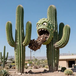 realistic giant cactus monster devouring Albuquerque