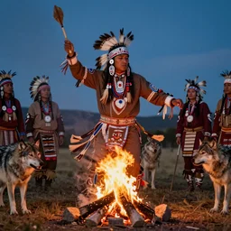 Native american dancing around a fire with wolves, hd, tribal, intricate, 8k, digital art