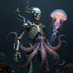 underwater photography of a biopunk human skeleton in symbiosis with an octopus and a jellyfish, intricate and ornate alien technology, bioluminescence, bloom, dim rim lighting, by victor grasso and scott musgrove, and tooth wu, digital illustration, concept art, cg society