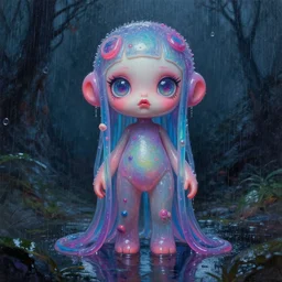 a photorealistic highly detailed painting of a y 2 k 1 9 8 0's beautiful jelly creature on a rainy day by johfra bosschart, lisa frank, kinkade, visionary art, dark fantasy art, high detail, trending on artstation