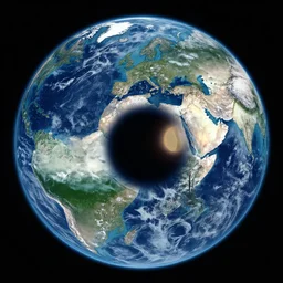 satellite image of a planet in the shape of a torus, sea, land, civilization