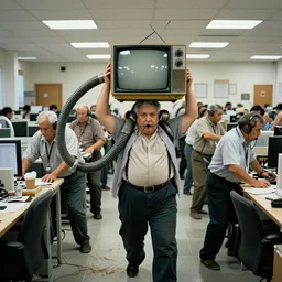 In an call centre office, A group of obese old humans carry old televisions on their shoulders ,flexible industrial pipes join his ears and mouth to the television, they struggle to lift themselves from the fibres trial that attaches them to the floor ,Kodak portra 400 , full colour ,4k