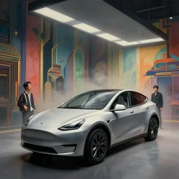 portrait of a tesla car lot interior, colorful, modern art deco, mads berg, christopher balaskas, victo ngai, low fog, fine texture, detailed, muted colors, dramatic lighting, dynamic composition, matte print, wide angle, moody, stippled light, strautniekas