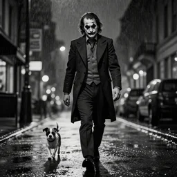 black in white joker walking in the rain, night life buildings, accompanied by small puppy dog in the background walking, sad mood, low angle, realistic, intricate, detailed, 4 k, 8 k, wallpaper, artstation trending
