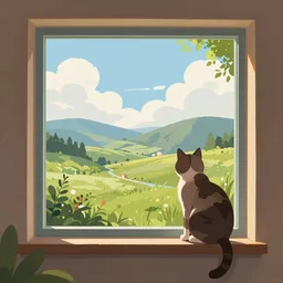 a beautiful landscape through a window, cat sitting on the edge of thethe window, illustration, digital art, trending on artstation, no signature