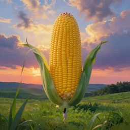 giant corn flower head, girl walking in a green valley, surreal photography, sunrise, dramatic light, impressionist painting, colorful clouds, digital painting, artstation, simon stalenhag