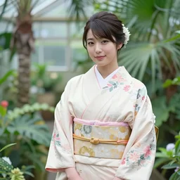 photograph of a beautiful Japanese woman wearing a pretty kimono in a tropical greenhouse, by Annie Leibowiz, by Alessio Albi, extremely detailed, large format camera, Fuji Provia, bokeh, blurred background, photorealistic, trending on instagram
