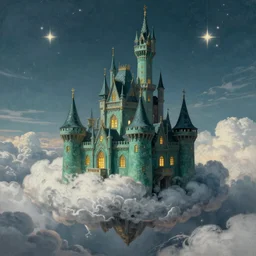 dark teal castle floating on a cloud, stars in the distance, fantasy realm, golden windows, beautiful, painting by Michaelangelo
