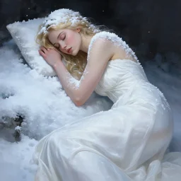 character concept portrait, sleeping blonde woman in a white gown, closed eyes, covered in snow and ice, style digital painting, concept art, smooth, sharp focus, illustration by ruan jia and mandy jurgens and william - adolphe bouguereau, artgerm