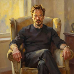 detailed oil painting of tony stark sitting in an armchair in a room with the setting sun, by jama jurabaev, brush hard, golden hour, brush stroke