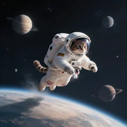 longshot of a cat in an astronaut helmet leaping from planet to planet among the stars at night with diffused light