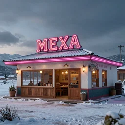 photo of a mexican restaurant, neon lights, in a flat snowy field. 35mm. Very detailed 8k. Sharp. Cinematic post-processing. Unreal engine. Nanite. Ray tracing. Parallax. Tessellation