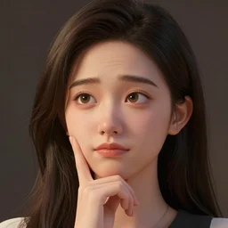 yak face, thinking deeply, hand holding chin, one eyebrow raised, emoji, comic, 3 d