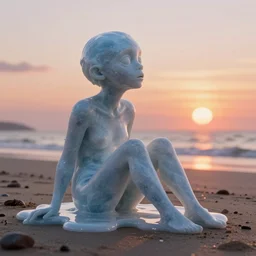 a golem made of ice - cream on a beach at sunset, golem melting, sitting at beach looking to sunset, au naturel, hyper detailed, digital art, trending in artstation, behance, deviantart, cinematic lighting, studio quality, smooth render, unreal engine 5 rendered, octane rendered, by pixar and dreamworks and disney