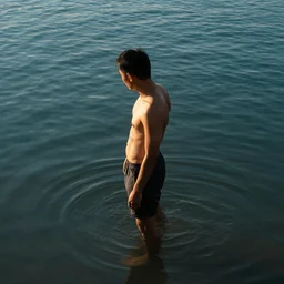 man standing on water, side lighting, overhead view, hyper realistic