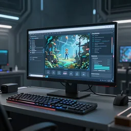 A console game engine in 2100, photorealistic, 8k