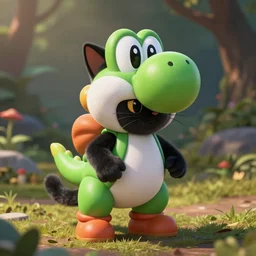 realistic black cat in a costume of yoshi nintendo