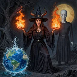 a witch with baphomet, by Raphael Hopper, and Rene Magritte. Highly detailed, Occult, funny, humorous, funny, satire, fire, water, earth, air, magical, trending on artstationHQ