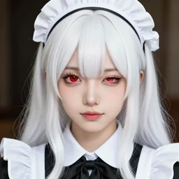 white long hair red eyed young cute maid winking | | very very anime!!!, fine - face, audrey plaza, realistic shaded perfect face, fine details. anime. realistic shaded lighting poster by ilya kuvshinov katsuhiro otomo ghost - in - the - shell, magali villeneuve, artgerm, jeremy lipkin and michael garmash and rob rey