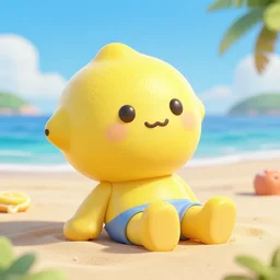 a supercute lemon cartoon character, that is fit and good looking, it's is relaxing on a beach, inspired by dalle - 2, octane render, 3 d, volumetric lightening,