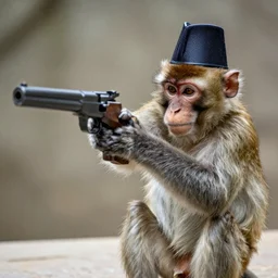 Abu the monkey wearing a fez shooting a gun