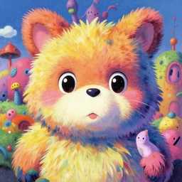 vintage 90\'s anime mixed with pastel impasto highly rhythmic expressionistic wild symmetrical furry portrait pleasing palette trending on artstation super fluffy funhouse surreal unpredictable wild unexplainable fantasy land you could not have dreamed of in the gritty posterized grainy analog style of studio Ghibli and 1960s americana Comics, HQ 8k scan