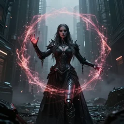 cyborg female necromancer summoning dark magical ritual, scifimedieval gothic cyberpunk city background, special effects, cinematic lighting, grimdark atmosphere, sparks, energy shield, highly detailed, futuristic street, foggy weather, masterpiece, trending on artstation, art by eddie mendoza