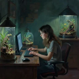 a digital realistic and mysterious painting of a girl sitting in her room researching on her computer surrounded by terrariums with reptiles inside. dim lighting coming from her computer screen