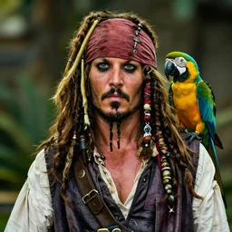 jack sparrow with a parrot on the shoulder, portrait, 8k resolution, hyper detailed