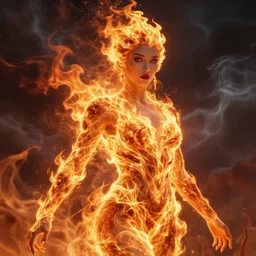 Hot fire goddess, skin of flames, body made of fire, rampaging, stormy background, forest fire, breathing fire, fire in hand, concept art, tiny person watching, artstation, 4k