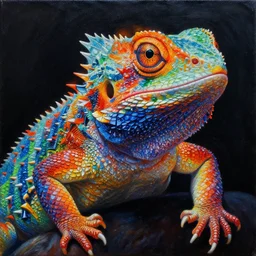 intricate five star spectral lizard by casey weldon, oil on canvas, hdr, high detail, photo realistic, hyperrealism, matte finish, high contrast, 3 d depth, centered, masterpiece, vivid and vibrant colors, enhanced light effect, enhanced eye detail, artstationhd