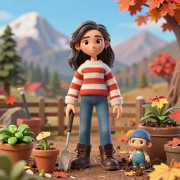 a stopmotion animation character, a beautiful canadian woman, gardening, very attractive, some dark grey hair, stripey jumper, denim jeans, doc marten boots, canadian maple leaves, mountains, autumn, unreal engine 5, 8 k, kubo and the two strings, jan svankmayer, disney, pixar,