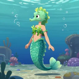 cgi mermaid character with a seahorse tail, wears a seaweed top