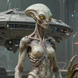 an extremely detailed masterpiece 3 / 4 body shot of a pleiadean extraterrestrial with yellowish eyes and the muted technology spaceship in background, in the style of ted nasmith, one single continues line, unreal engine, detailed, elegant, intricate, trending on artstation, 4 k