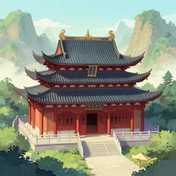 A Chinese temple in the mountains, by Greg Rutkowsky and James Gurney, trending on Artstation