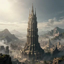 one gigantic brutalist ancient tower, a detailed structure with at the top 3 spires in form of a trident, 1 0 0 0 meters tall set against sunlit, surrounded by smoke, mountains and a huge old city, 8 k, volumetric lighting, cinematic composition, octane render, dark surrealism, highly detailed by peter mohrbacher, hajime sorayama, wayne barlowe, boris vallejo, aaron horkey, gaston bussiere, craig mullins