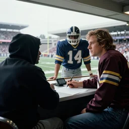 photo of john madden and an ominous hooded figure in a press box announcing a football game, 1 9 8 7