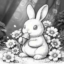 giant bunny flowers eating ice cream coloring page style