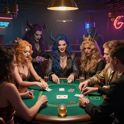 the elemental spirits playing poker in a cyberpunk speakeasy, hyper detailed, masterpiece, artstation, advanced lighting technology, stylized yet realistic surrealism, 4 k wallpaper