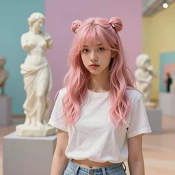 a young beautiful woman made from marble, in the style of constantin brancusi, wes anderson background, casual clothing, modern, artgem, portrait, boris valejo, kawaii hairstyle, pastel colors, colorful, octane render, digital painting, details, unreal engine, museum piece, dynamic light,